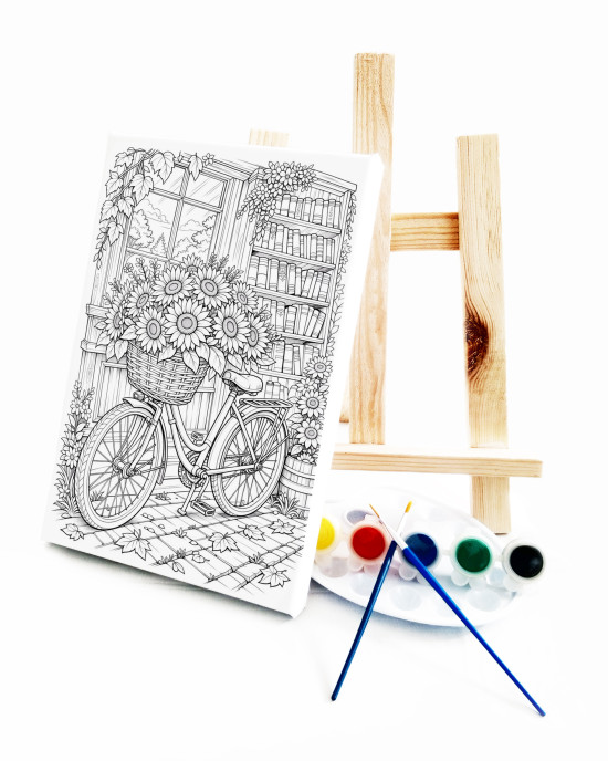 Çiçekli Bisiklet Ressam Seti - 20 x 30 cm Önçizimli Tuval, 2 Adet Fırça, Palet, Boyalar ve Şövale