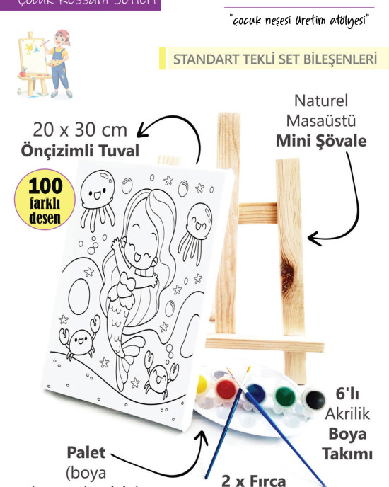 Anime Amor Ressam Seti - 20x30 cm Önçizimli Tuval, 2 Adet Fırça, Palet, Boyalar ve Şövale